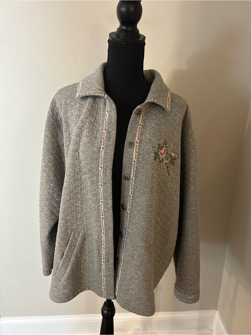 Vintage Quilted Grey Button-Up Jacket with Floral Embroidery